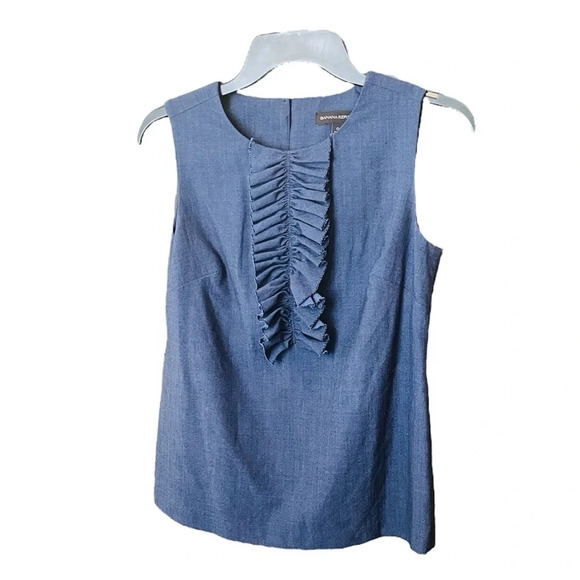 Banana Republic women’s sleeveless ruffle chambray blouse 95% wool SZ 0 blue - Picture 1 of 10